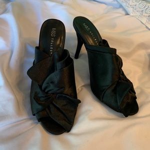 Black satin bow heels